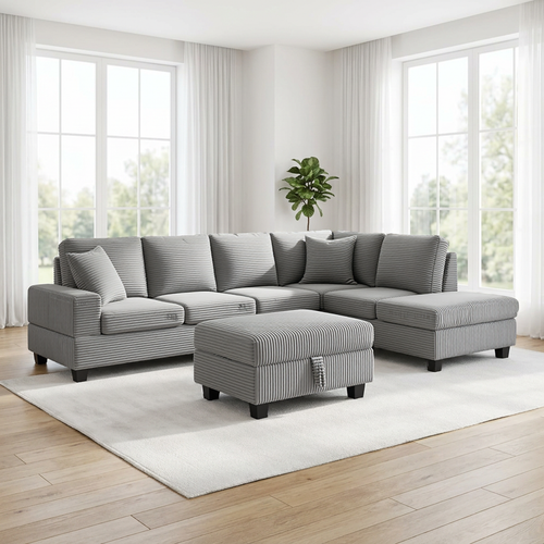 Gray sectional sofa with ottoman in a bright living room
