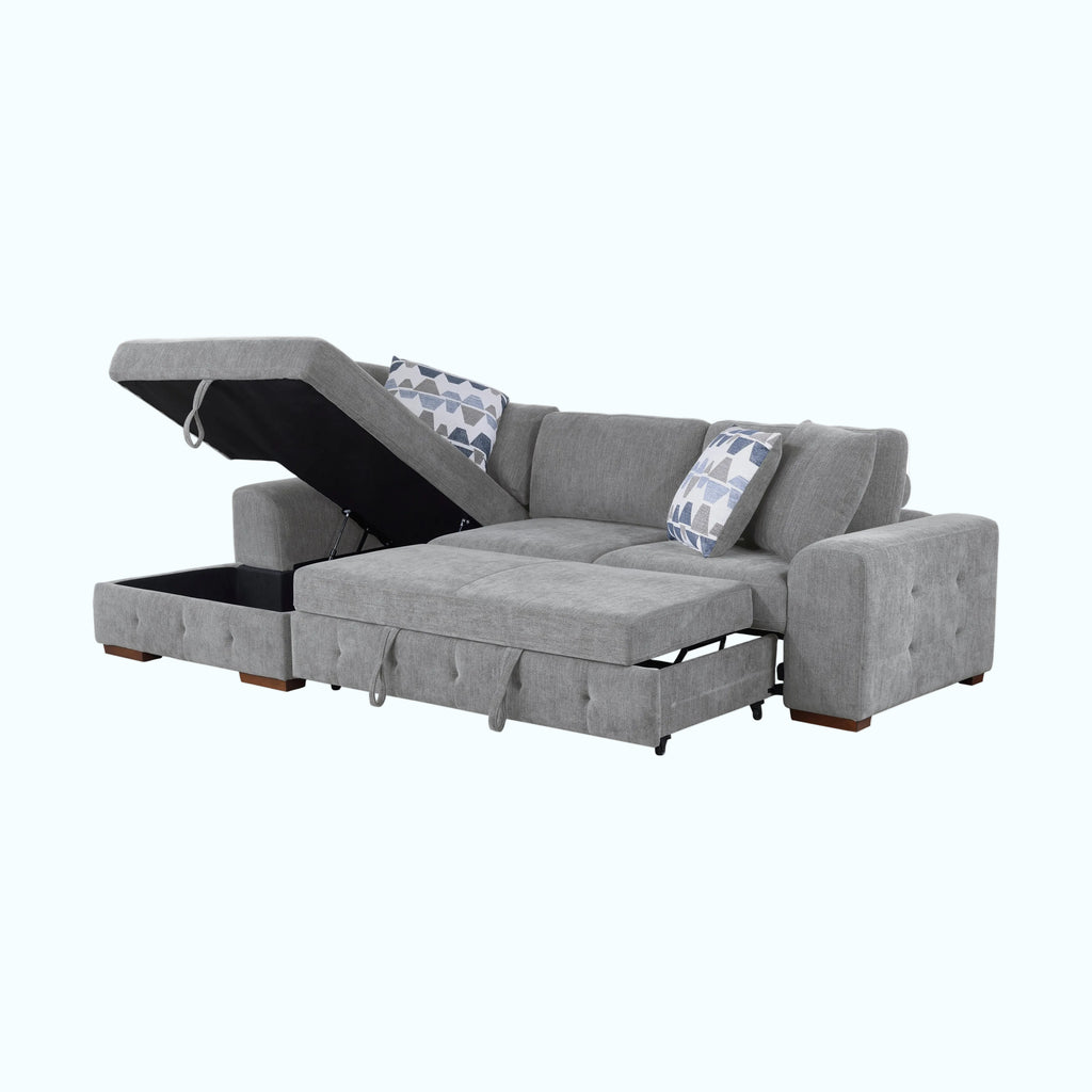 Gray sectional sofa with storage drawers on a white background