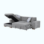 Gray sectional sofa with storage drawers on a white background