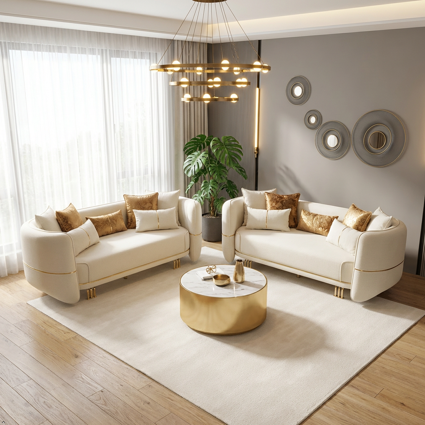 Modern living room with beige sofas, a gold coffee table, and decorative elements.