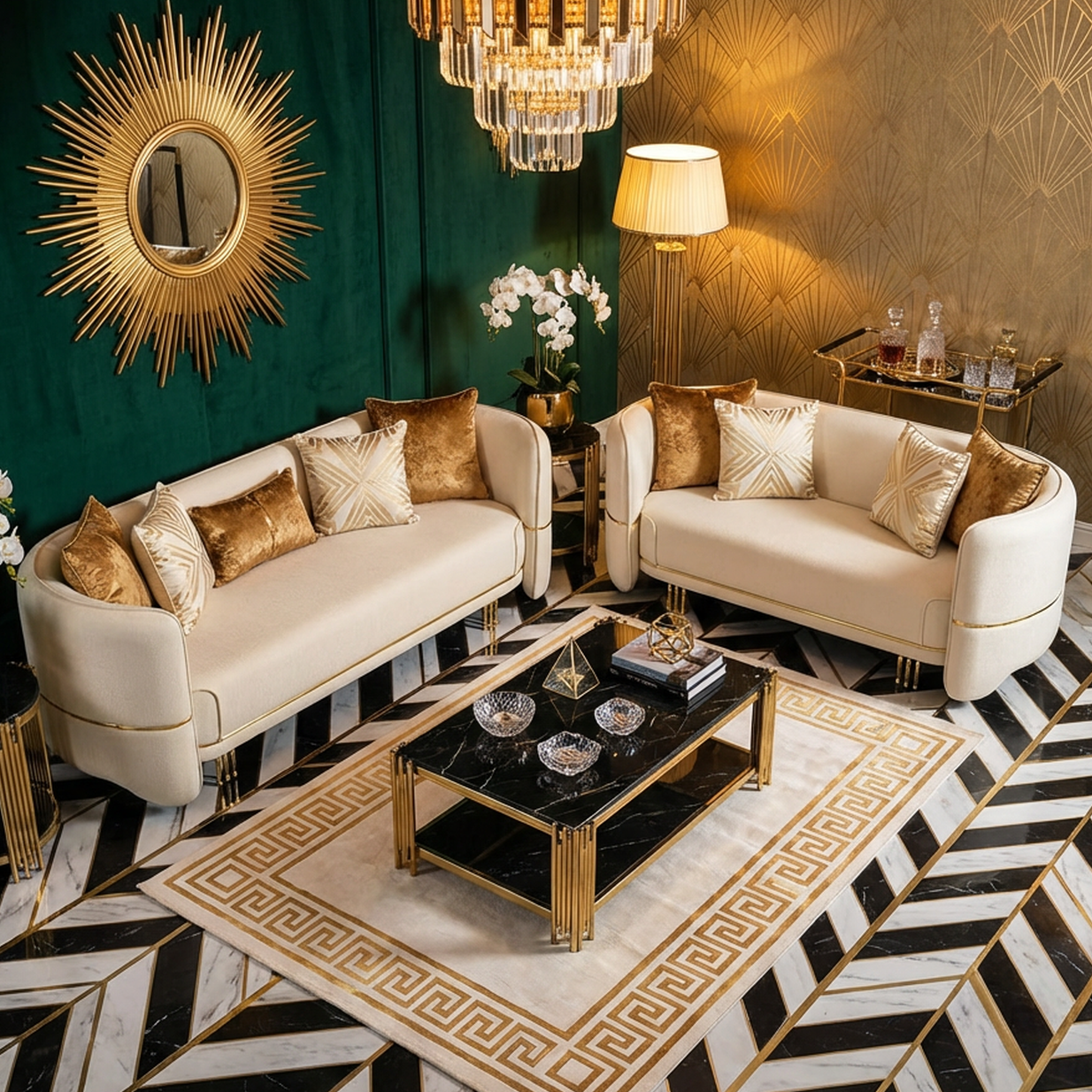 Luxurious living room with white sofas, gold accents, and decorative elements.