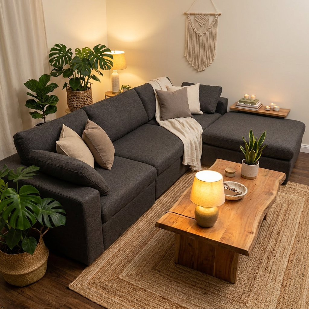 Cozy living room with a dark gray sectional sofa, wooden coffee table, and decorative plants.