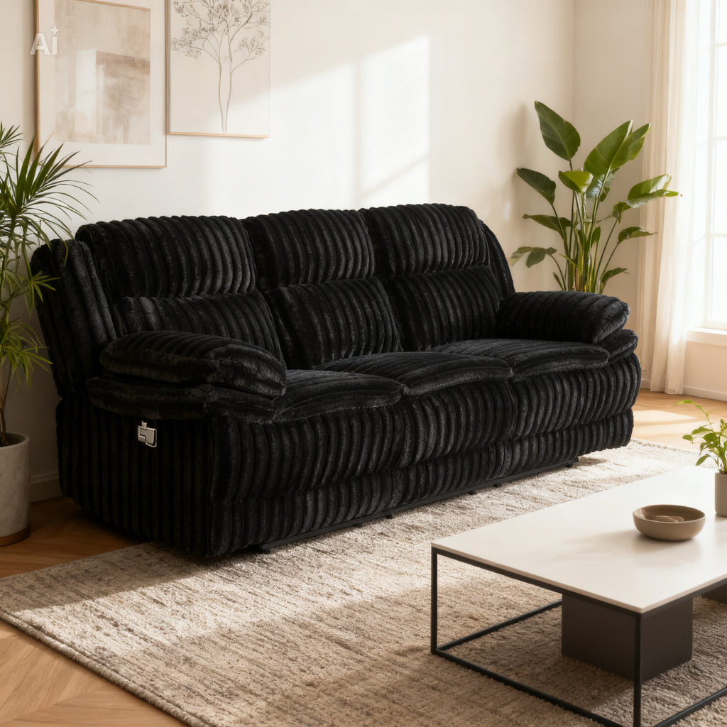 Black sofa in a living room with plants and a coffee table.
