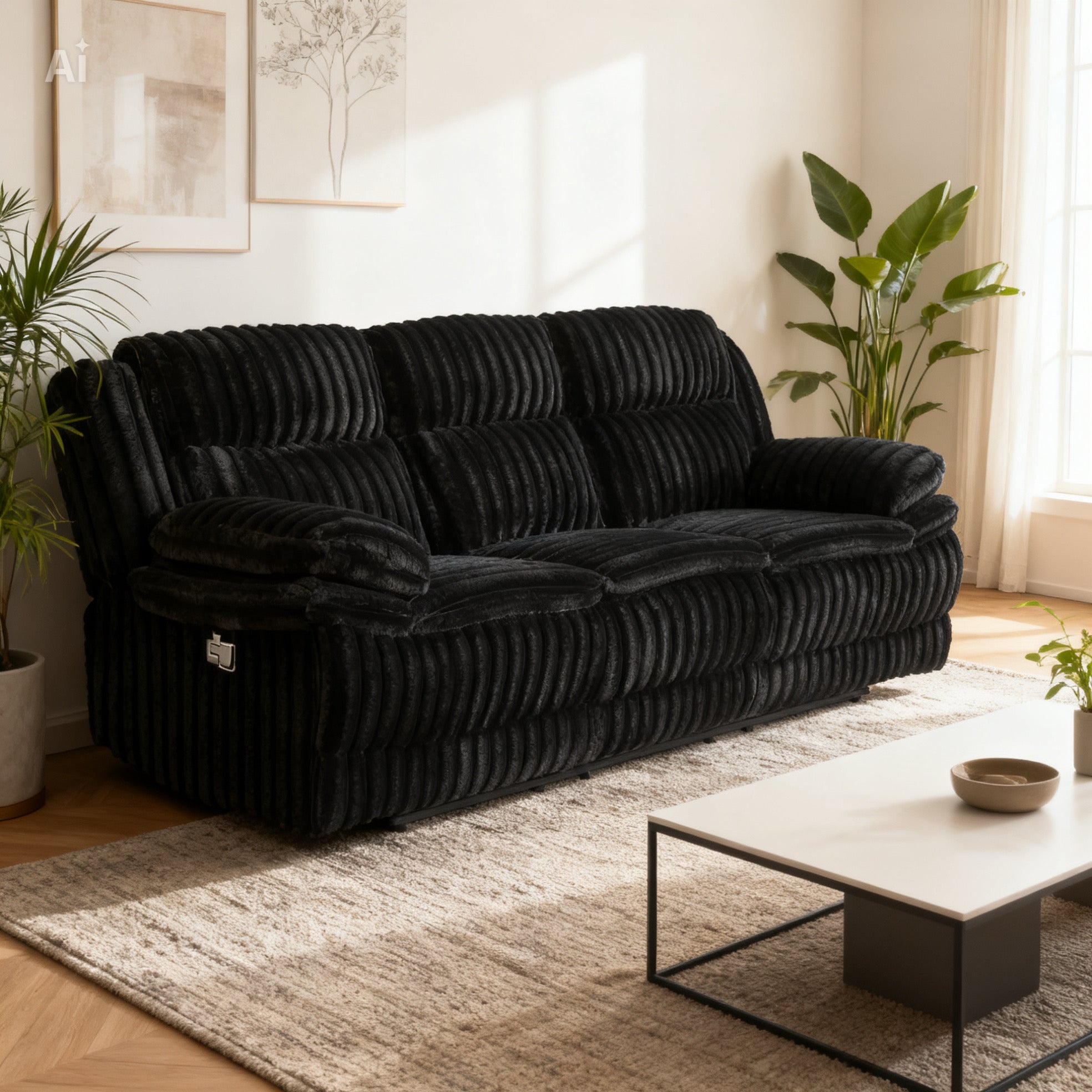 Black sofa in a living room with plants and a coffee table.