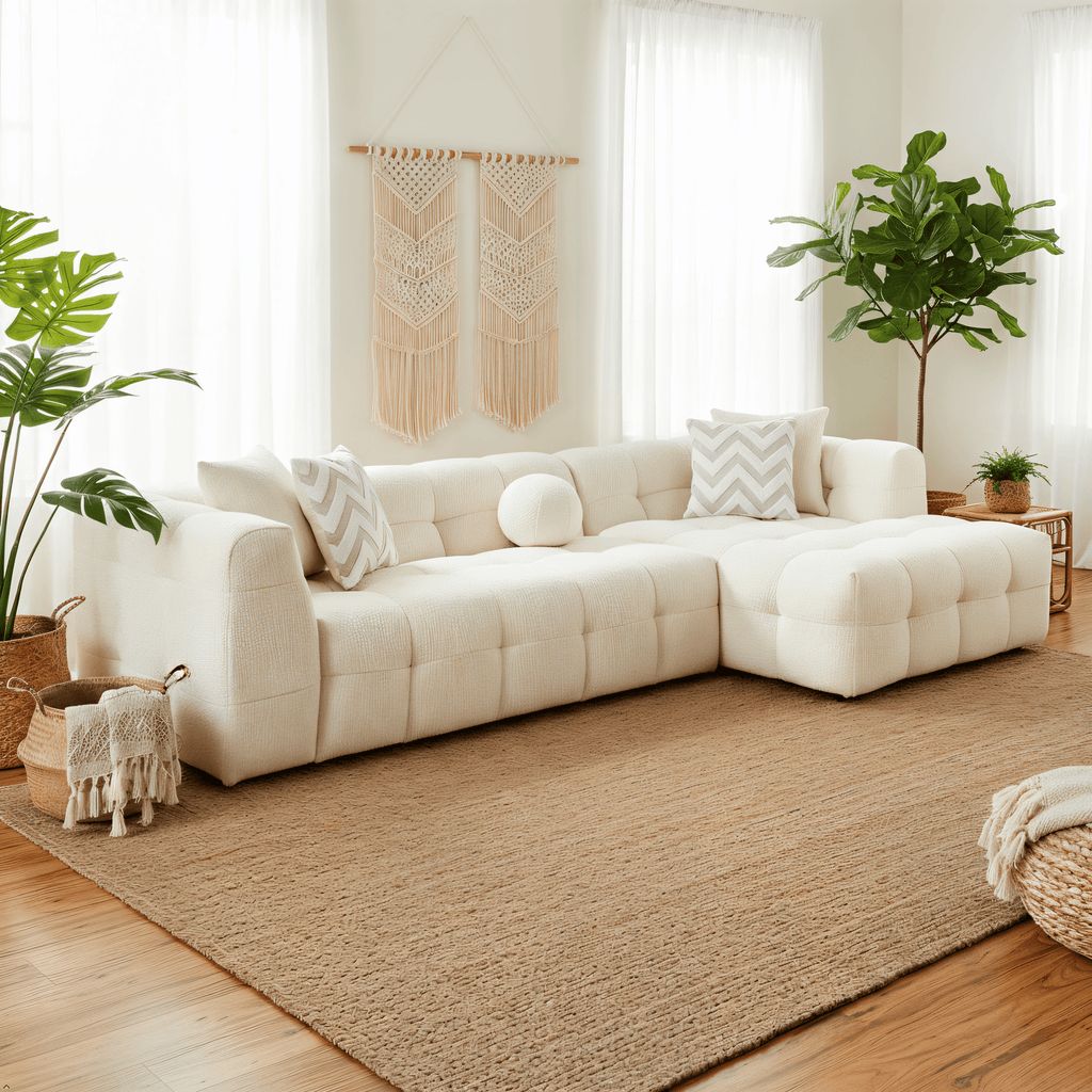 Modern living room with a white sectional sofa, decorative pillows, and plants.