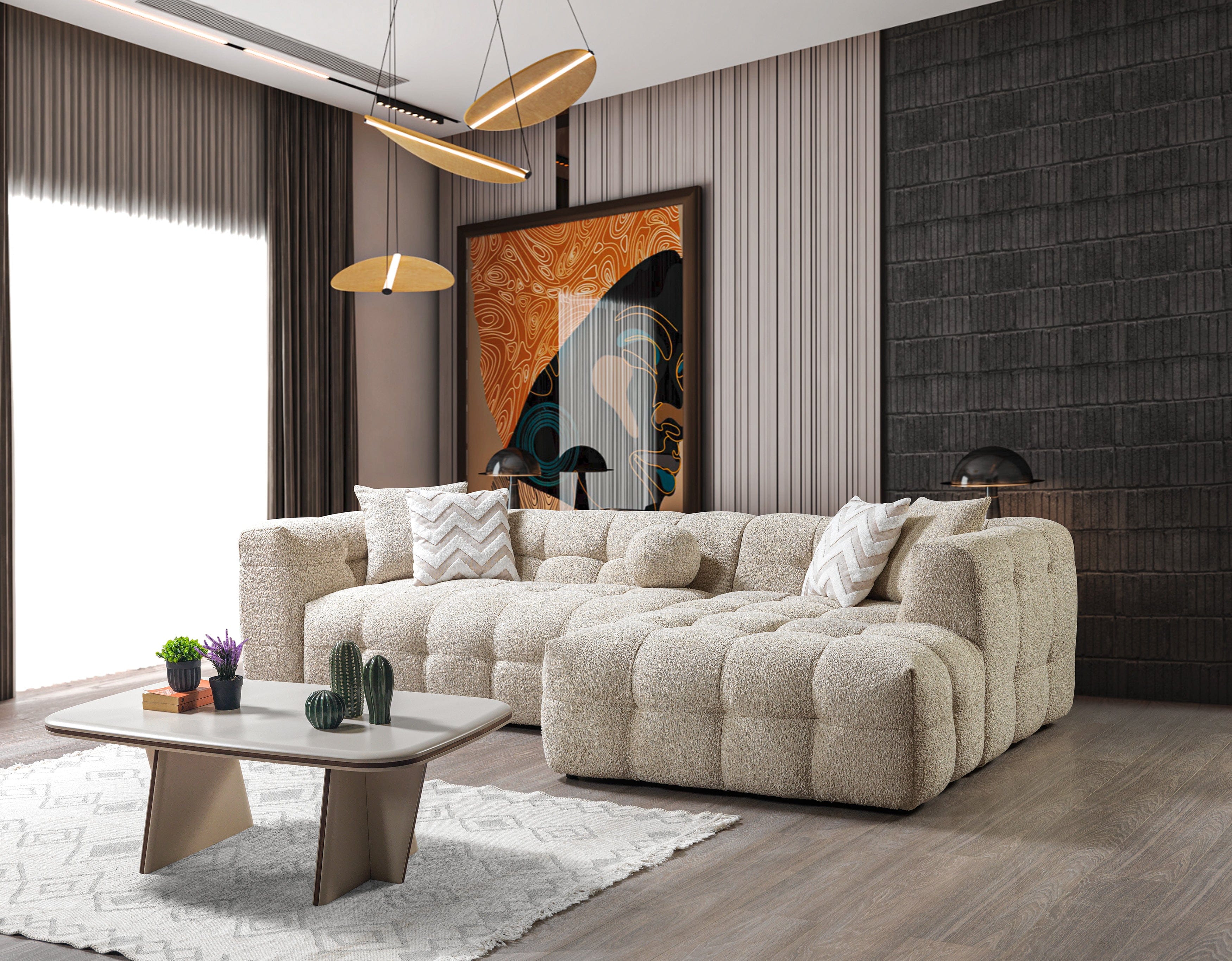 Modern living room with a beige sectional sofa, coffee table, and decorative elements.