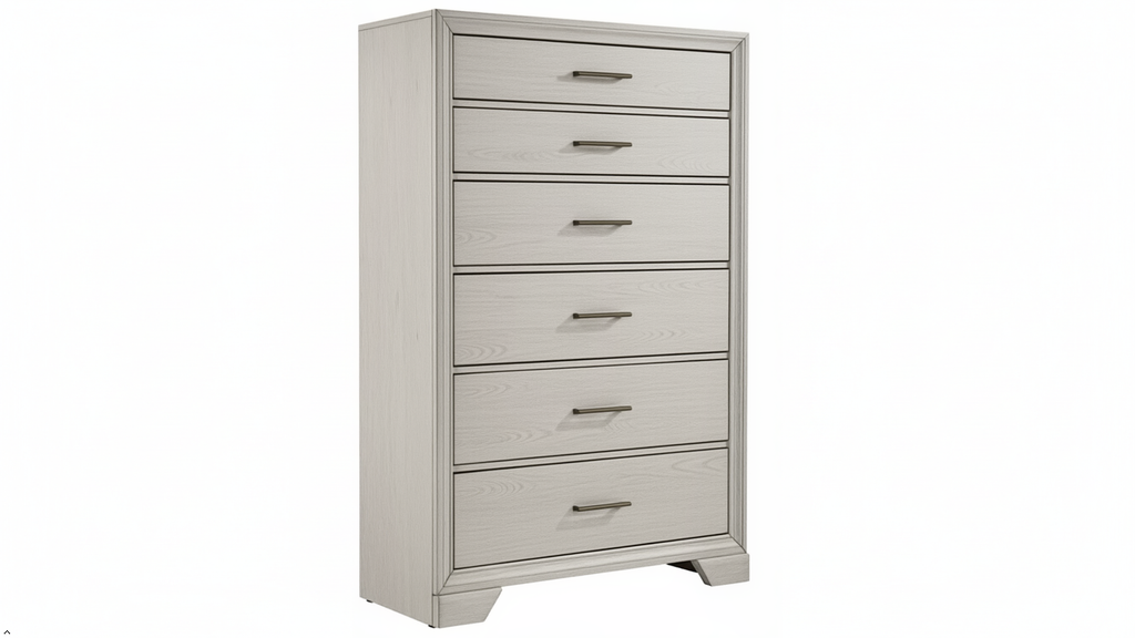 White dresser with multiple drawers on a white background