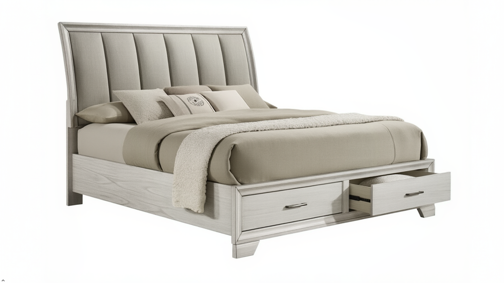 Gray upholstered bed with storage drawers on a white background