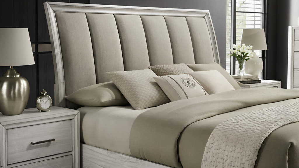 Beige upholstered bed with matching nightstands and lamps in a bedroom setting.