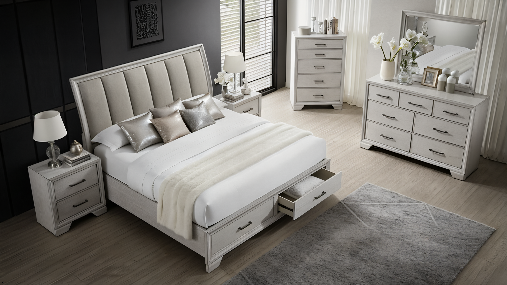 Gray bedroom set with bed, nightstands, and dresser in a well-lit room.