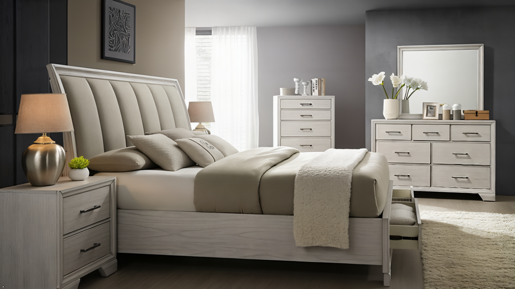 Neatly arranged bedroom with gray upholstered bed, nightstands, and dresser.
