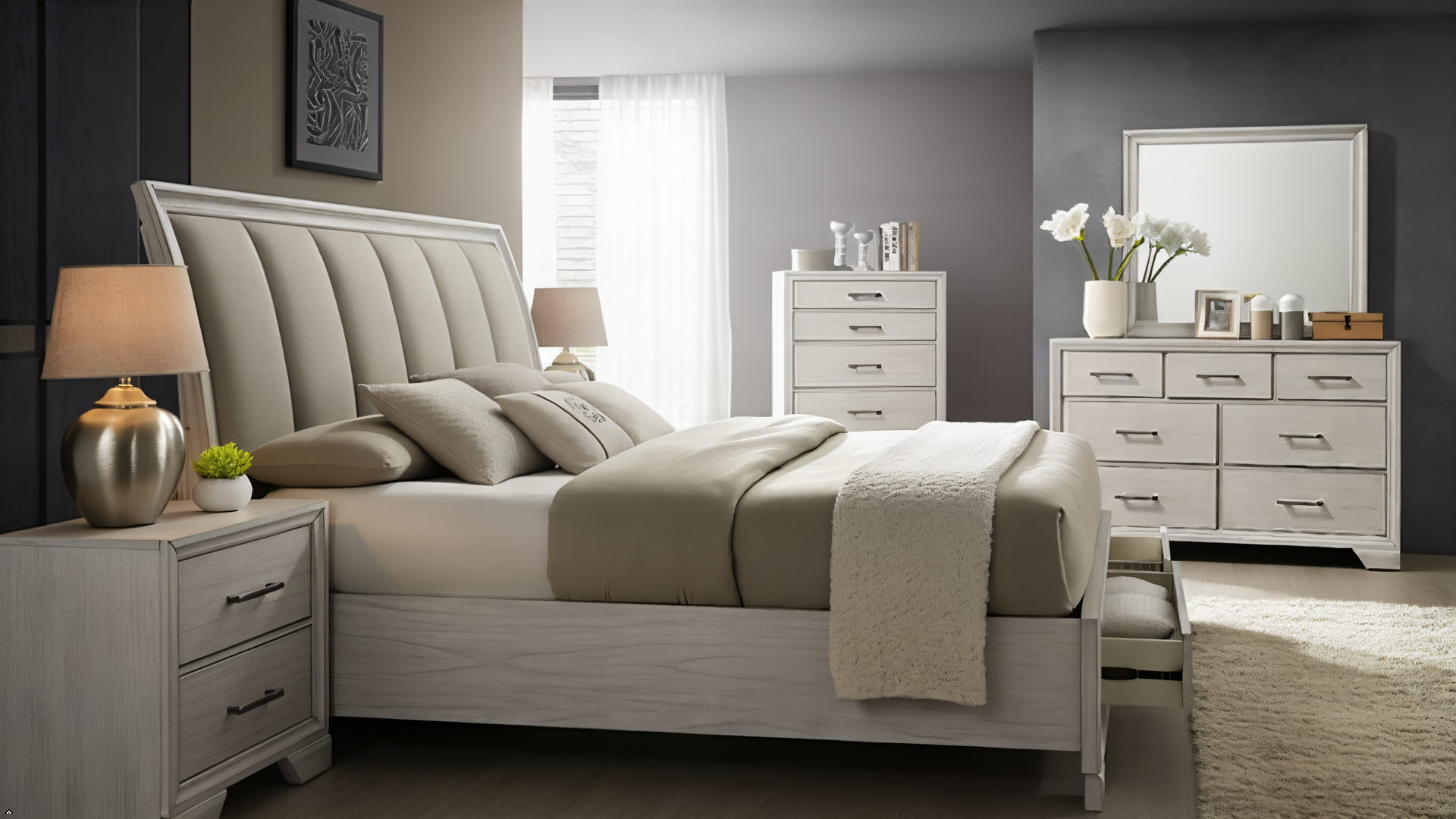 Neatly arranged bedroom with gray upholstered bed, nightstands, and dresser.