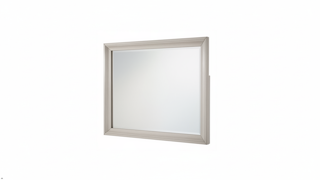 Square mirror with a light gray frame on a white background