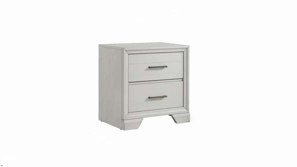 White nightstand with two drawers on a white background