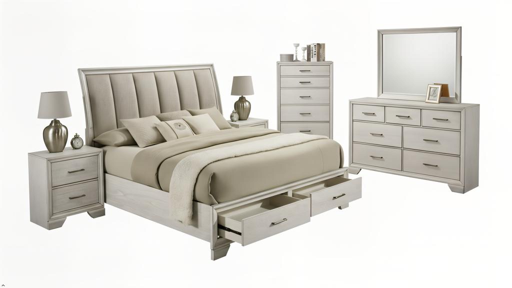 Beige bedroom furniture set with bed, nightstands, dresser, and mirror on a white background