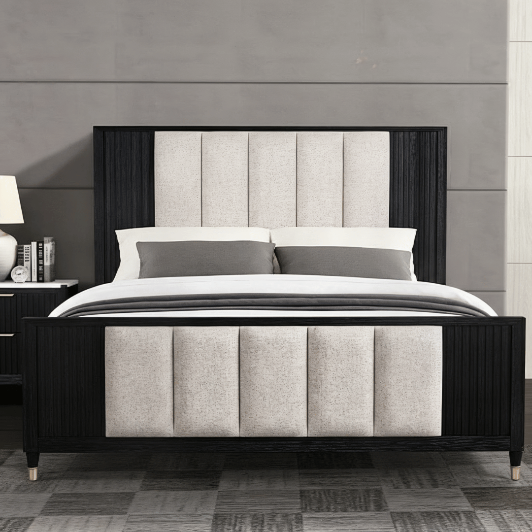 Modern bed with upholstered headboard in a bedroom setting