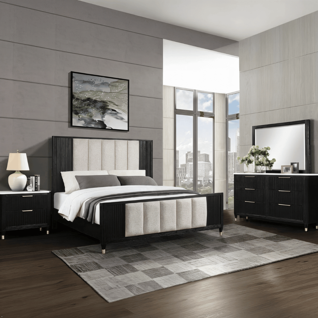 Modern bedroom with a bed, nightstands, and dresser in a stylish room.