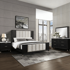 Modern bedroom with a bed, nightstands, and dresser in a stylish room.