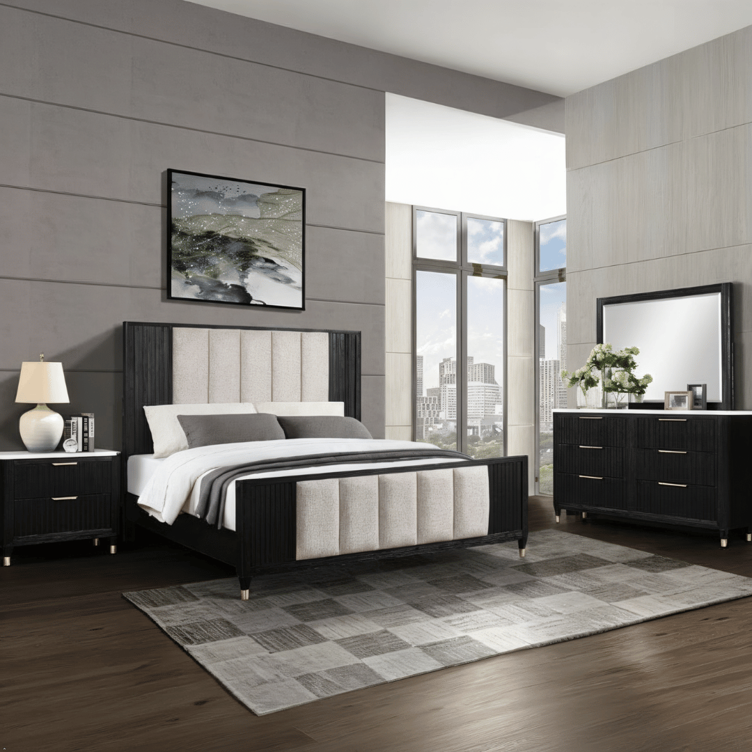 Modern bedroom with a bed, nightstands, and dresser in a stylish room.