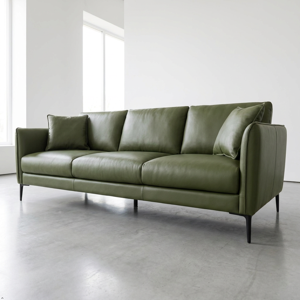 An olive green leather three-seater sofa with matching throw pillows, supported by slim black metal legs, set in a minimalist modern room with a concrete floor and white walls.