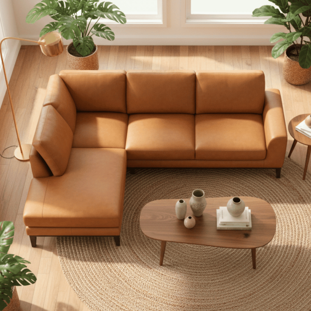 Brown leather sectional sofa in a living room with a coffee table and plants.