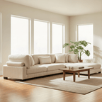 Beige sectional sofa in a bright living room with large windows and a wooden coffee table.