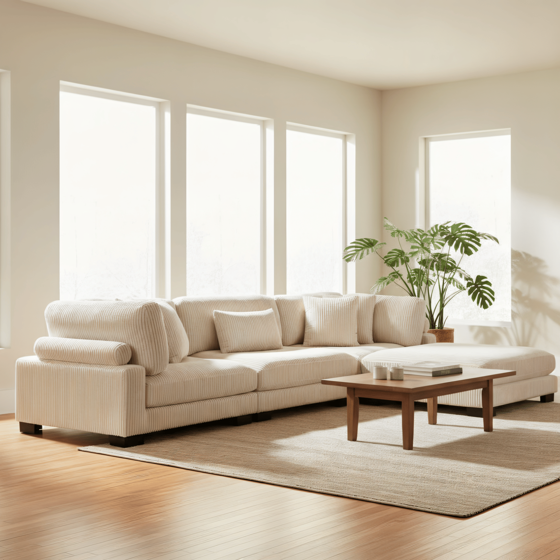 Beige sectional sofa in a bright living room with large windows and a wooden coffee table.