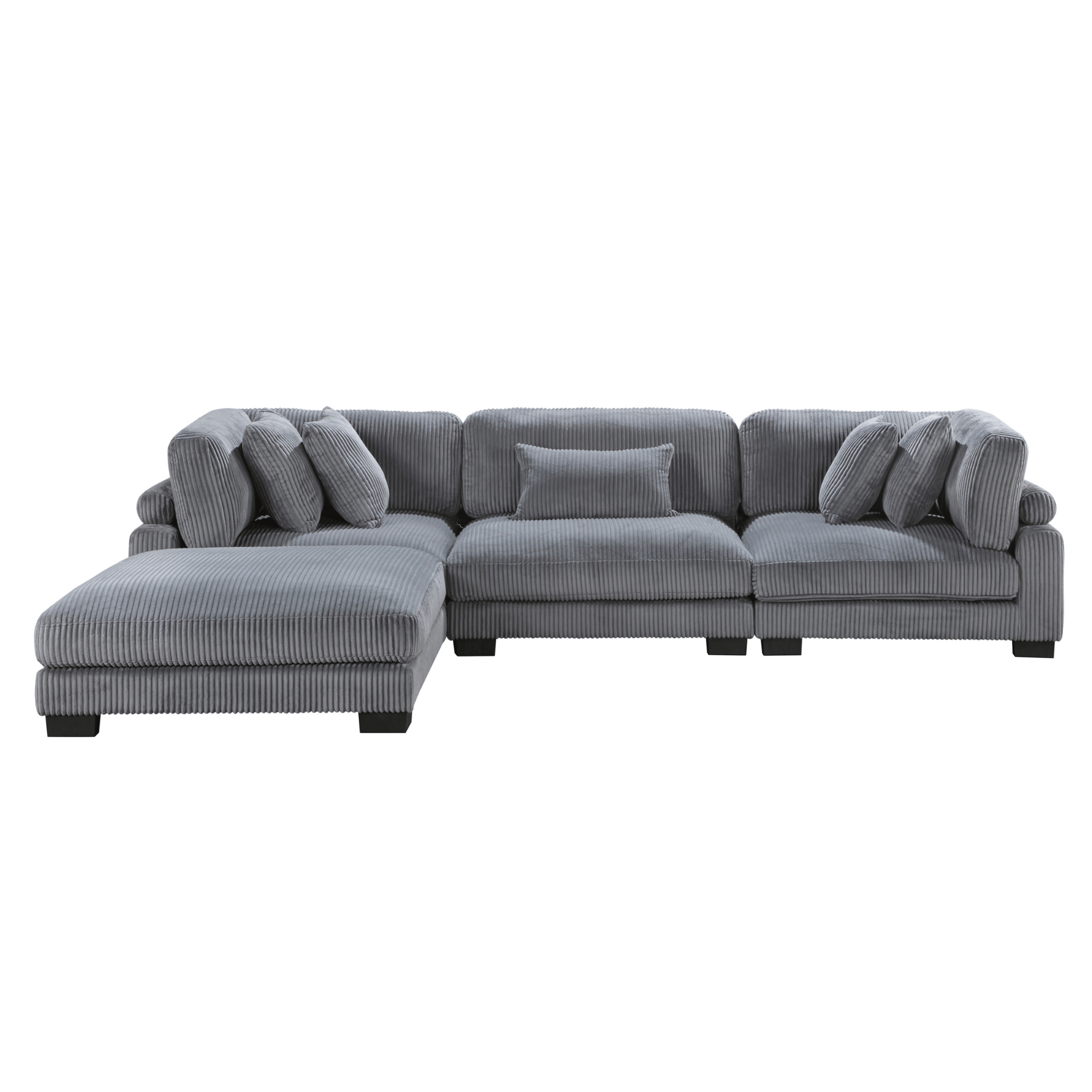 Gray sectional sofa with cushions on a white background