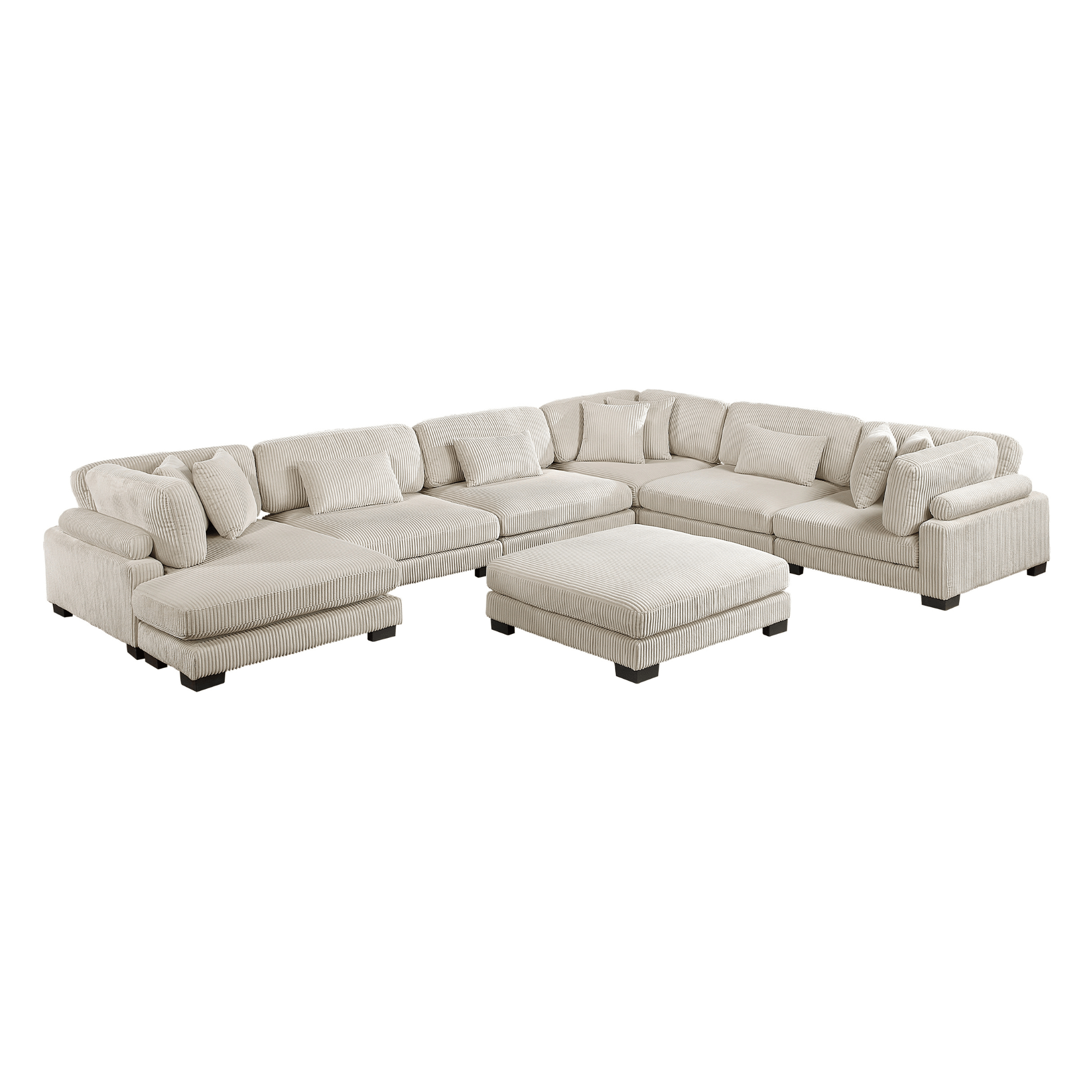 Beige sectional sofa with ottoman on a white background