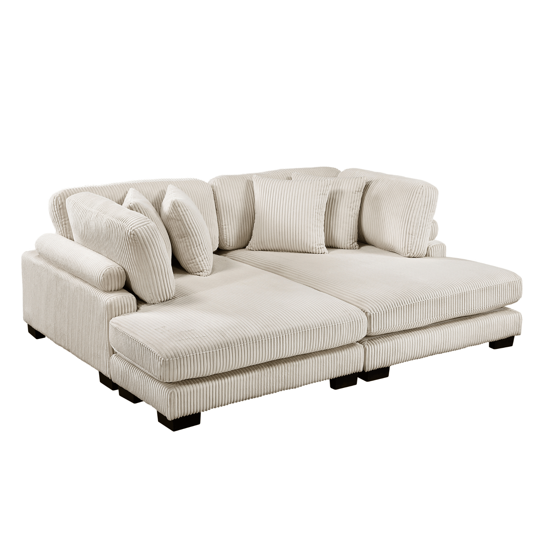 Beige sectional sofa with cushions on a white background