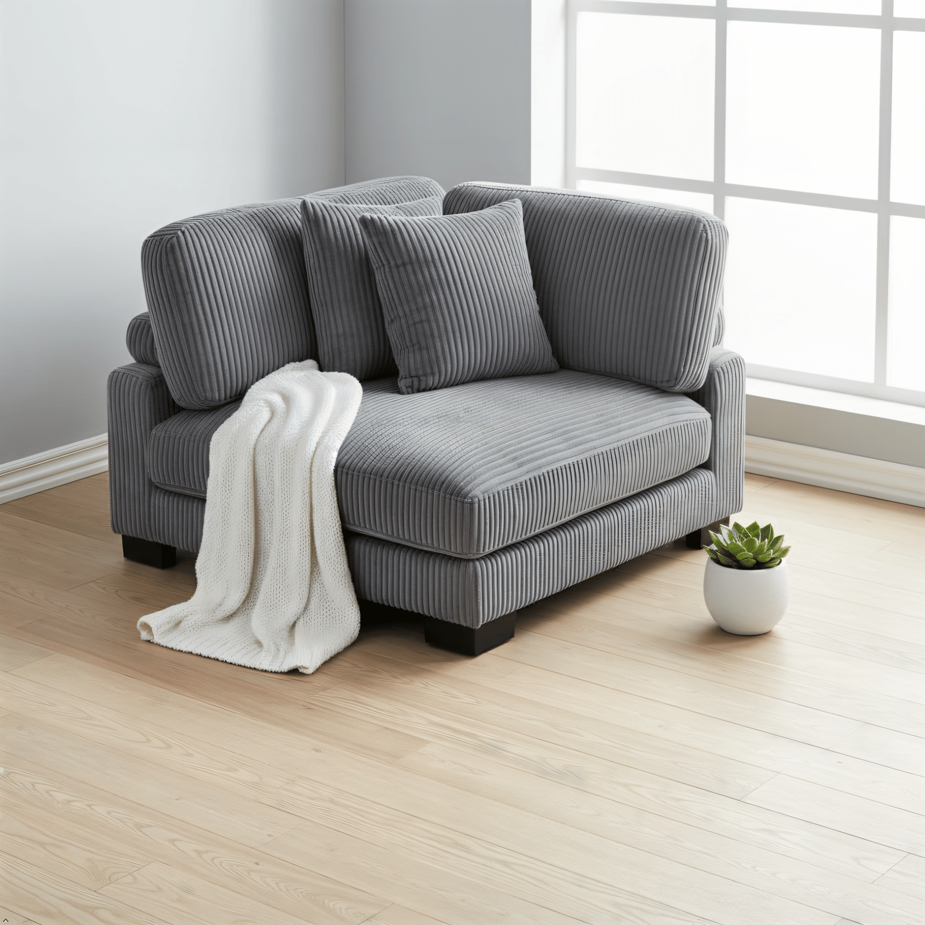 Gray sofa with a white blanket in a room with a window and plant