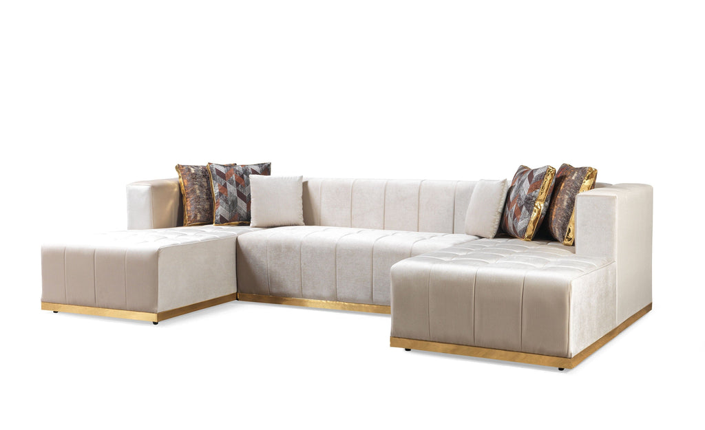 Beige sectional sofa with decorative pillows on a white background
