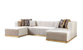 Beige sectional sofa with decorative pillows on a white background