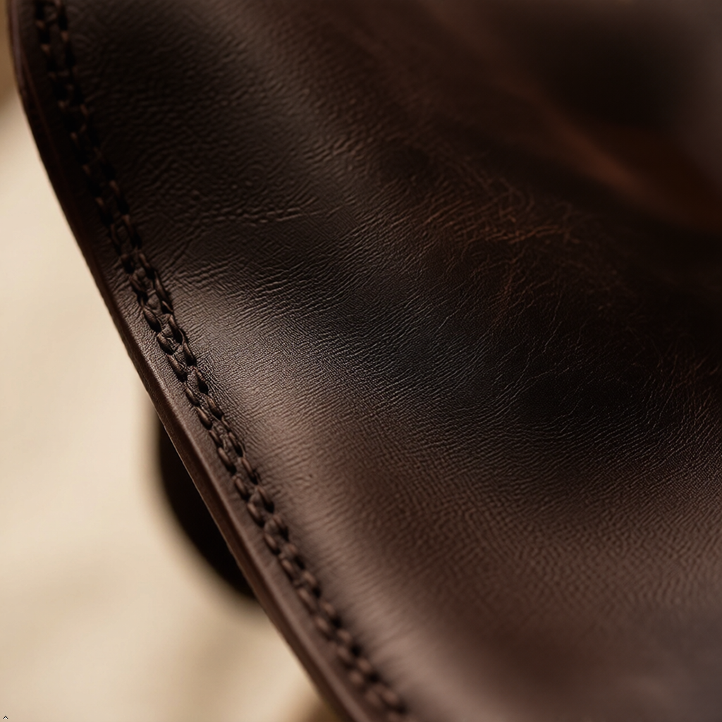 Close-up of a dark brown leather product showing fine grain texture and a stitched edge against a soft light background.