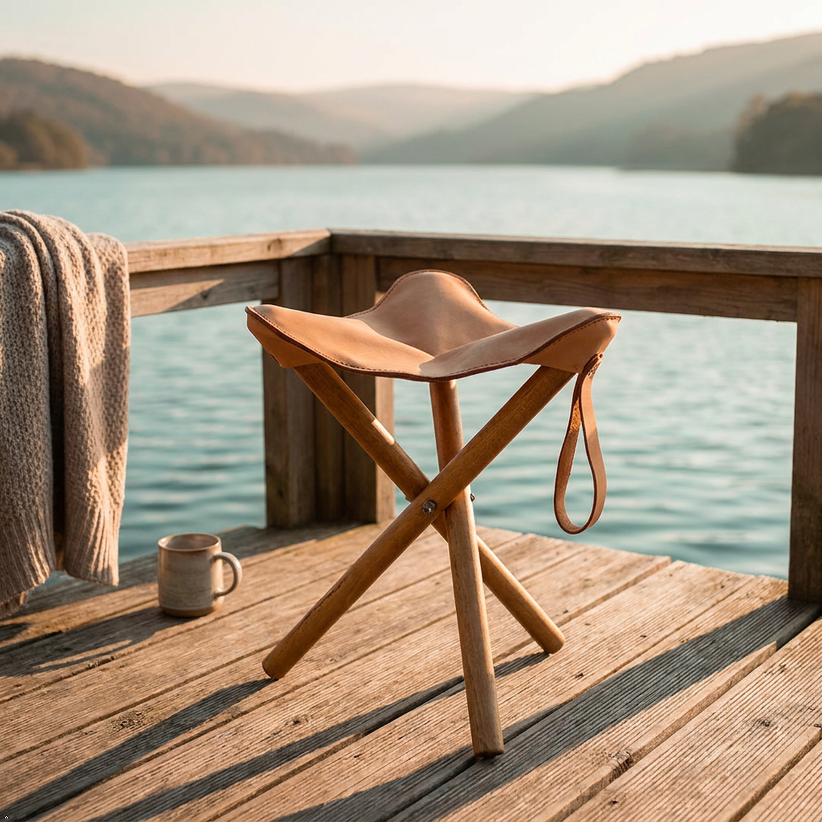 A tan leather and wood folding stool sits on a wooden deck overlooking a calm lake at sunset, with a knitted blanket draped over the railing and a mug nearby.