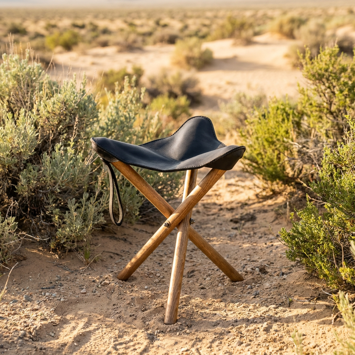 A black leather camping stool with a wooden tripod frame, set in a sandy desert landscape with shrubs.
