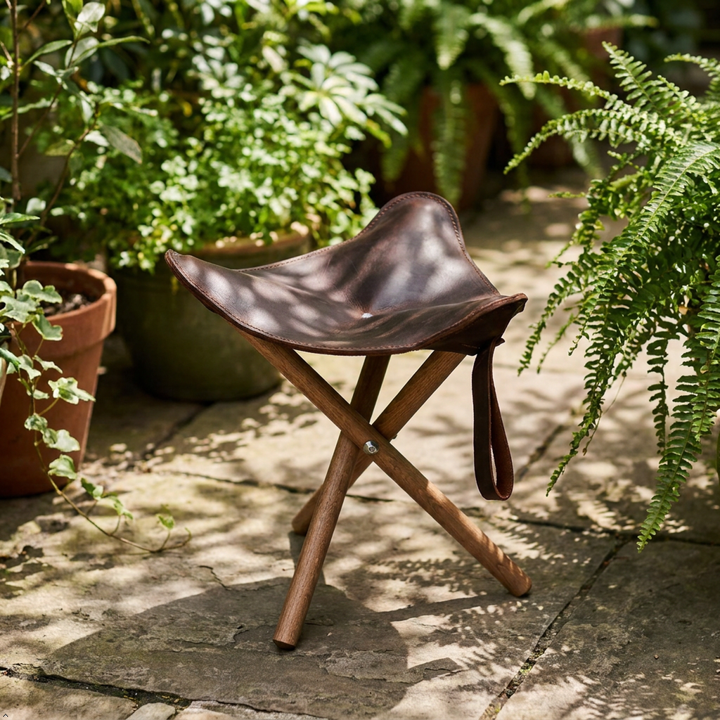 A small folding stool with a dark brown leather seat and wooden legs, placed on a stone patio surrounded by green potted plants.