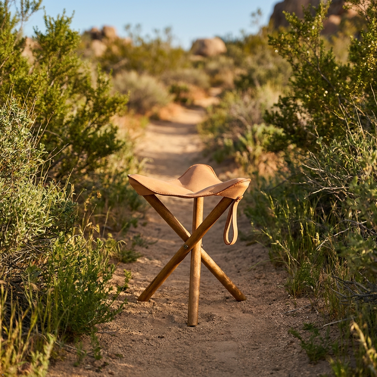 A small tan leather saddle-style stool with a wooden tripod base stands on a dirt trail surrounded by green shrubs in an outdoor desert setting.
