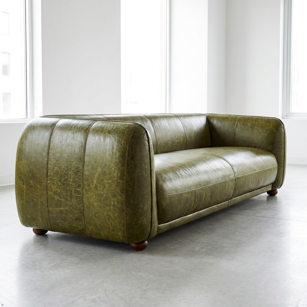 An olive green distressed leather loveseat sofa with a rounded, barrel-like silhouette and dark wooden feet, photographed in a bright, modern room with high windows and a concrete floor.