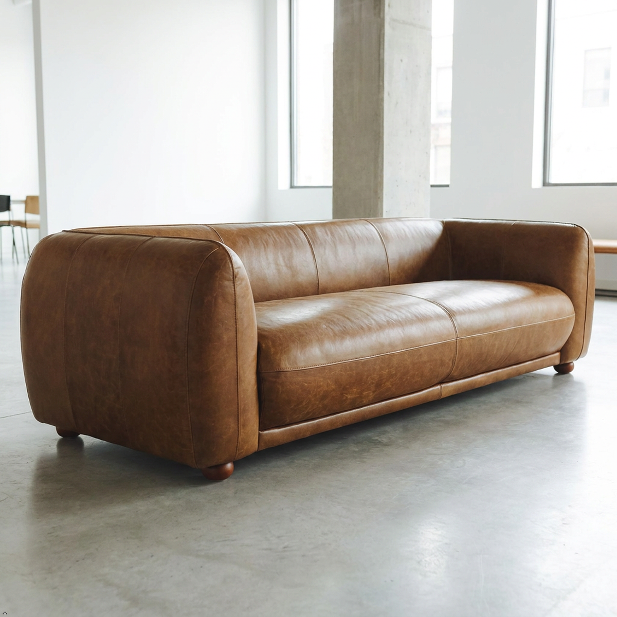 A brown leather loveseat sofa with rounded arms and low wooden legs, photographed in a bright modern room with concrete floors and large windows.