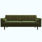 An olive green velvet loveseat sofa with tufted backrests, cylindrical armrests, and dark tapered legs, shown against a plain white background.