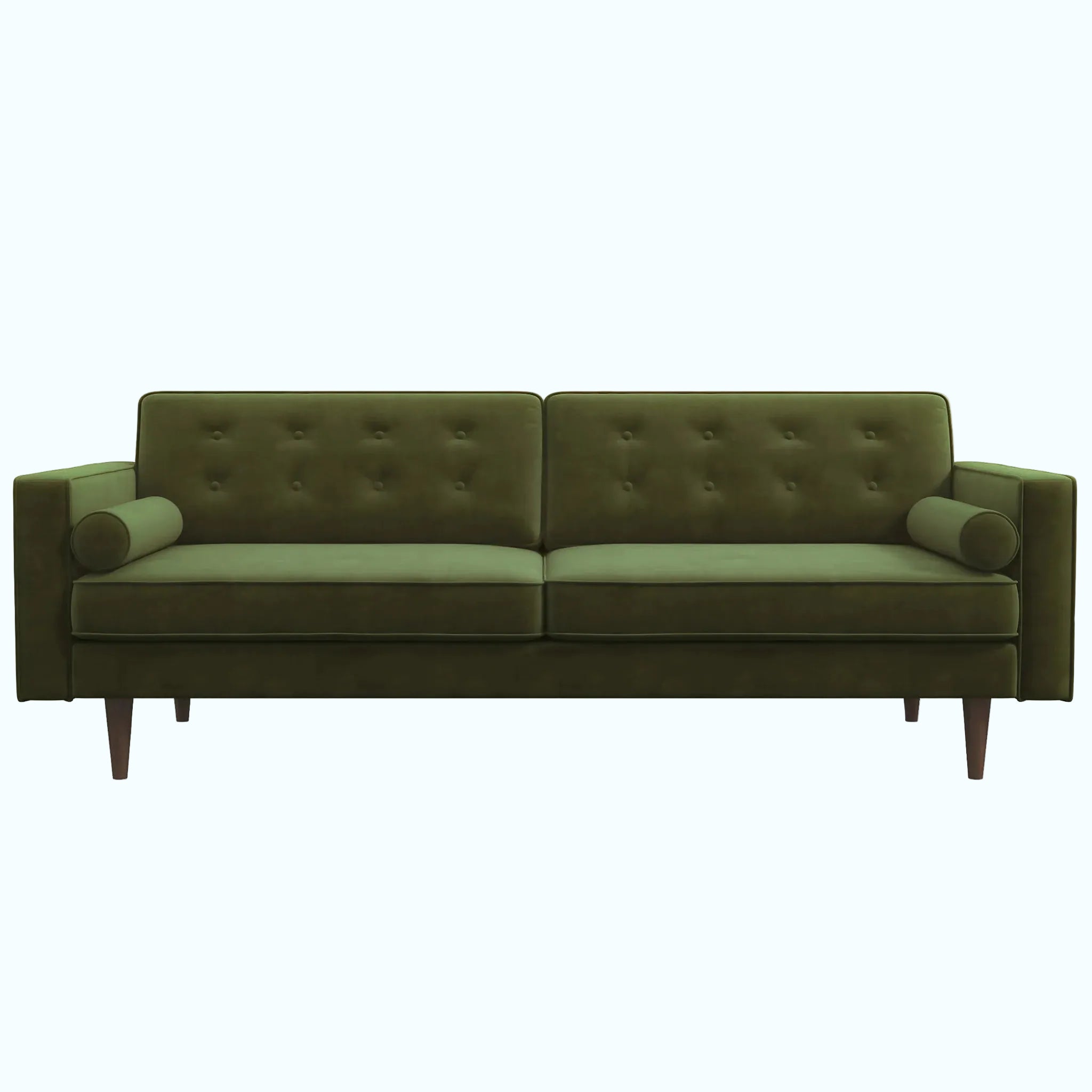 An olive green velvet loveseat sofa with tufted backrests, cylindrical armrests, and dark tapered legs, shown against a plain white background.