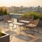 Outdoor patio set with chairs and table on a wooden deck with cityscape in the background