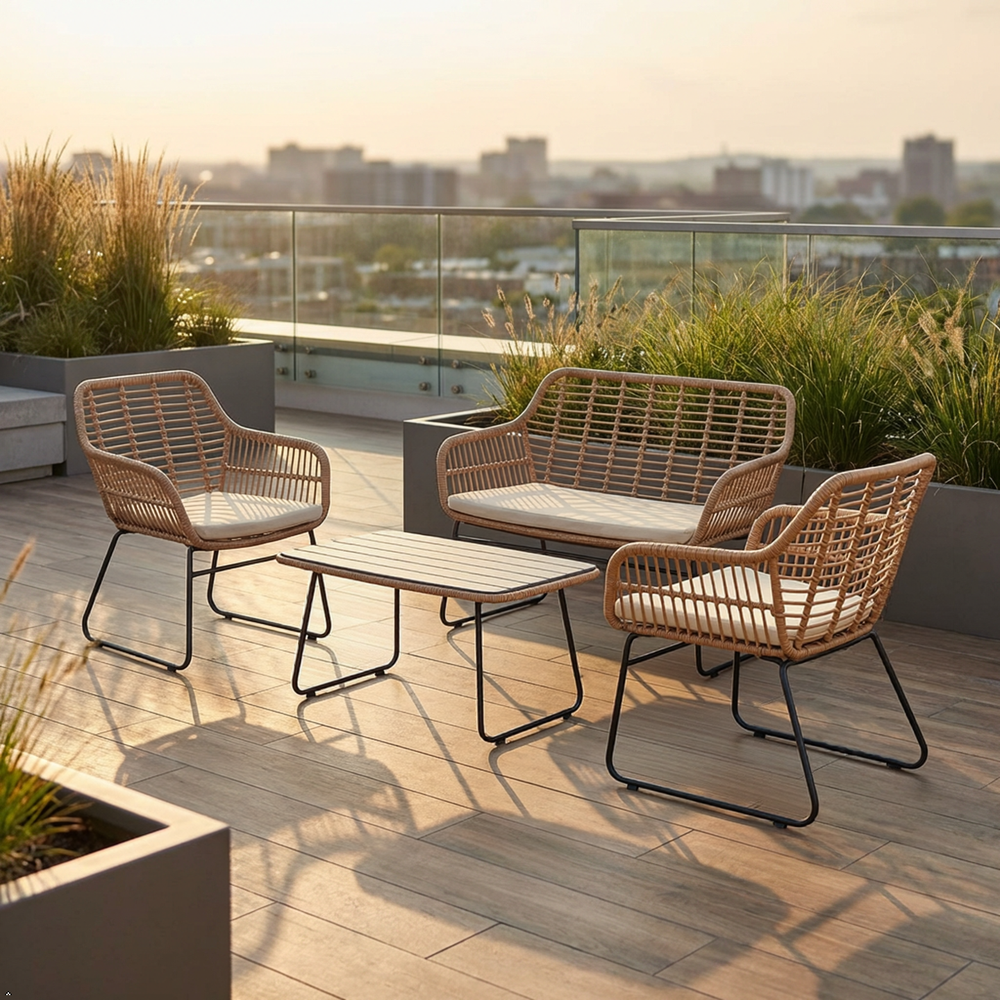 Outdoor patio set with chairs and table on a wooden deck with cityscape in the background