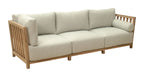 Beige sofa with wooden frame on a white background