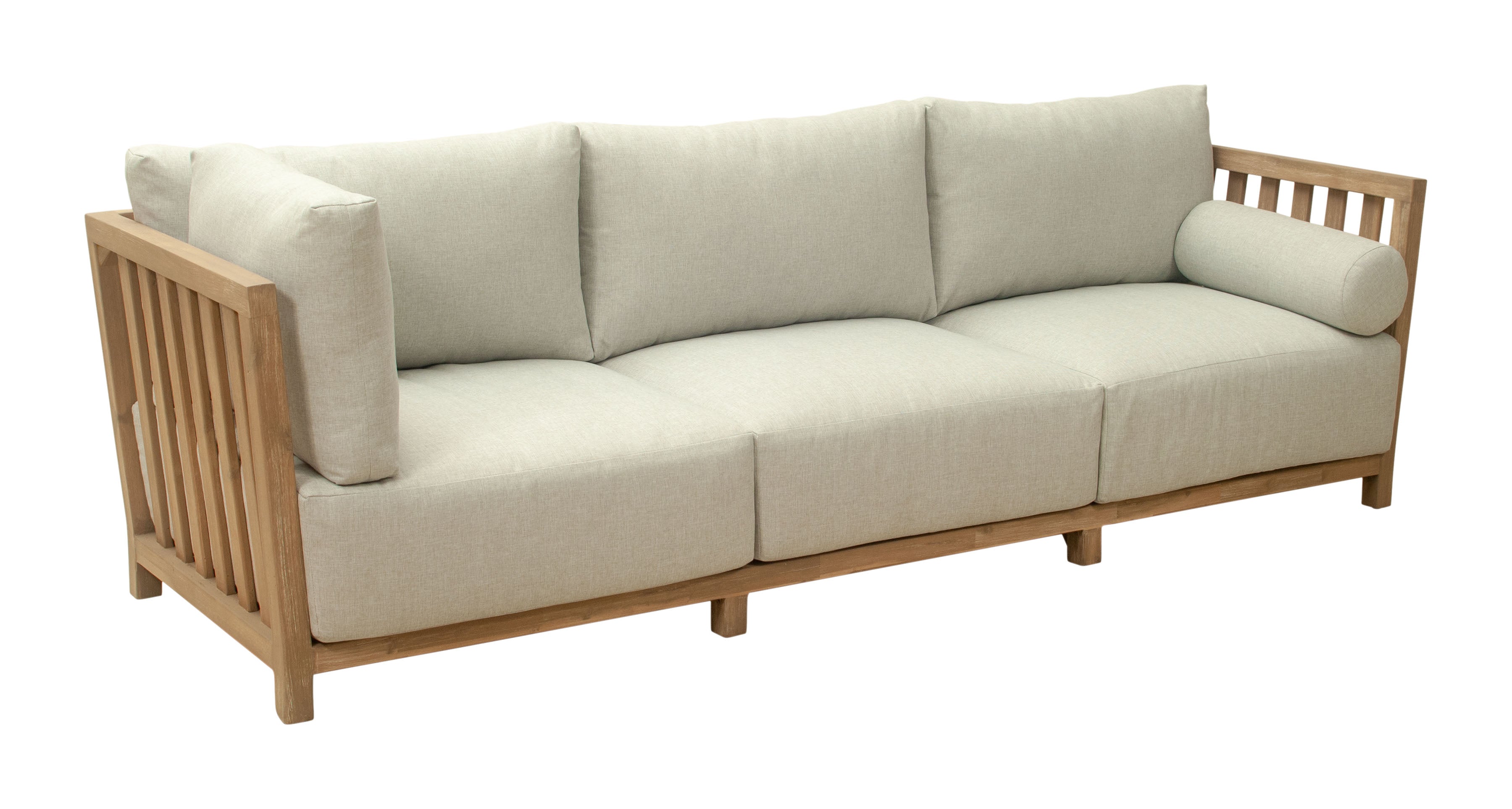 Beige sofa with wooden frame on a white background