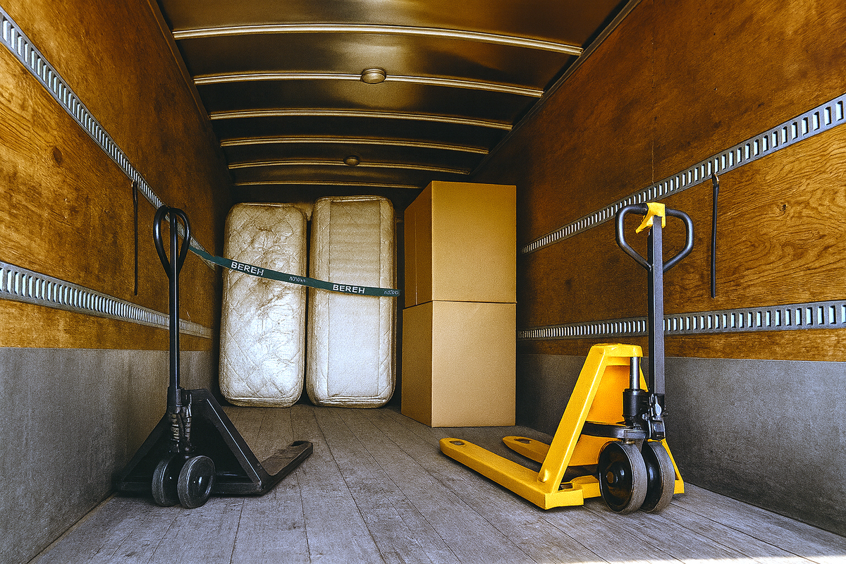 Loading area with forklifts and boxes inside a truck shipping furniture out