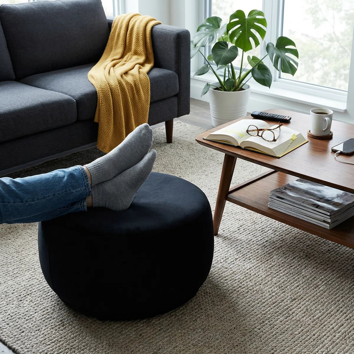 Person relaxing with feet up on a black ottoman in a living room.