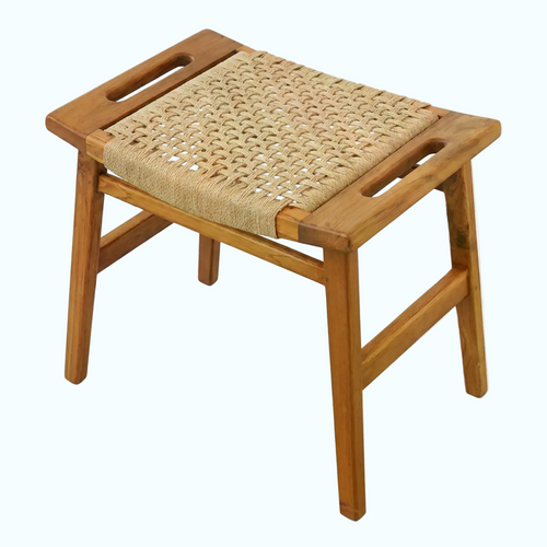 A wooden folding stool with a woven natural fiber seat and integrated side handles, shown on a plain white background.
