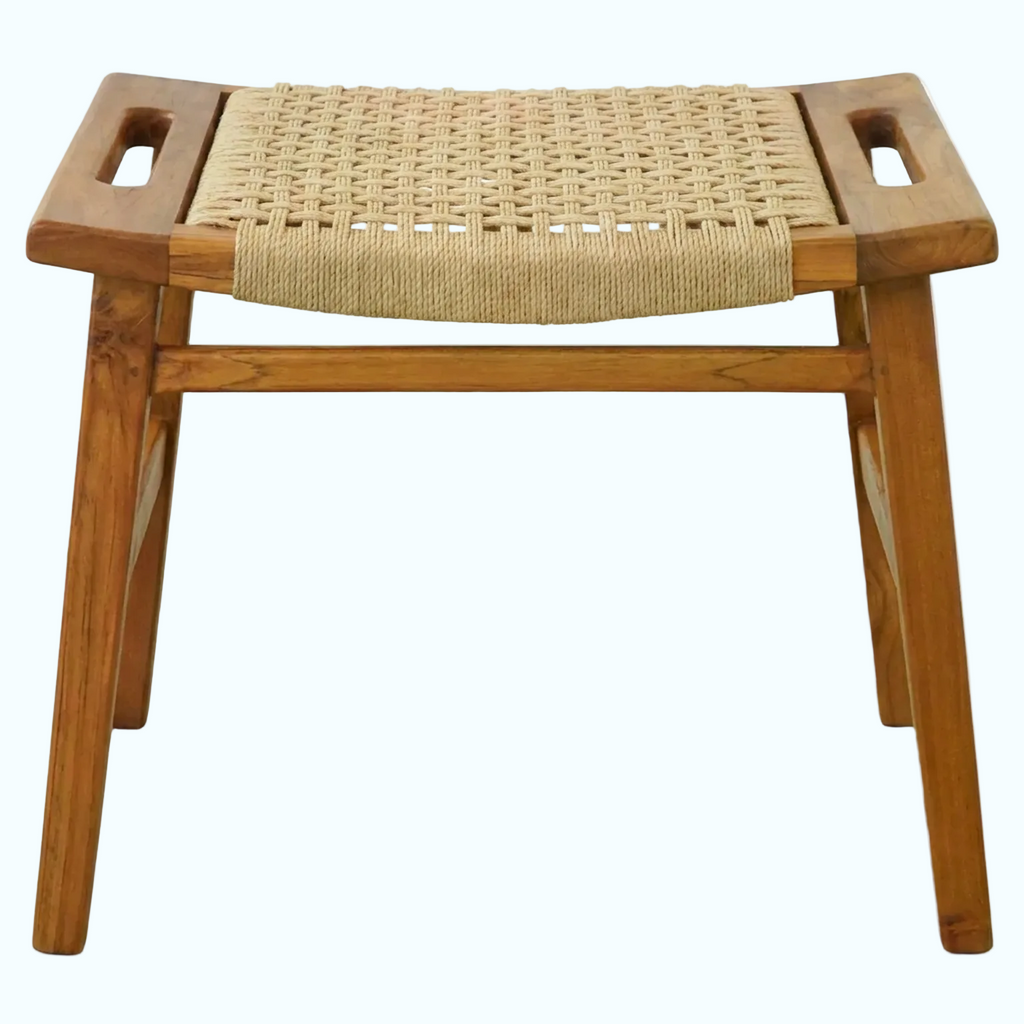 A wooden folding stool with a woven natural fiber seat and integrated side handles, shown on a plain white background.